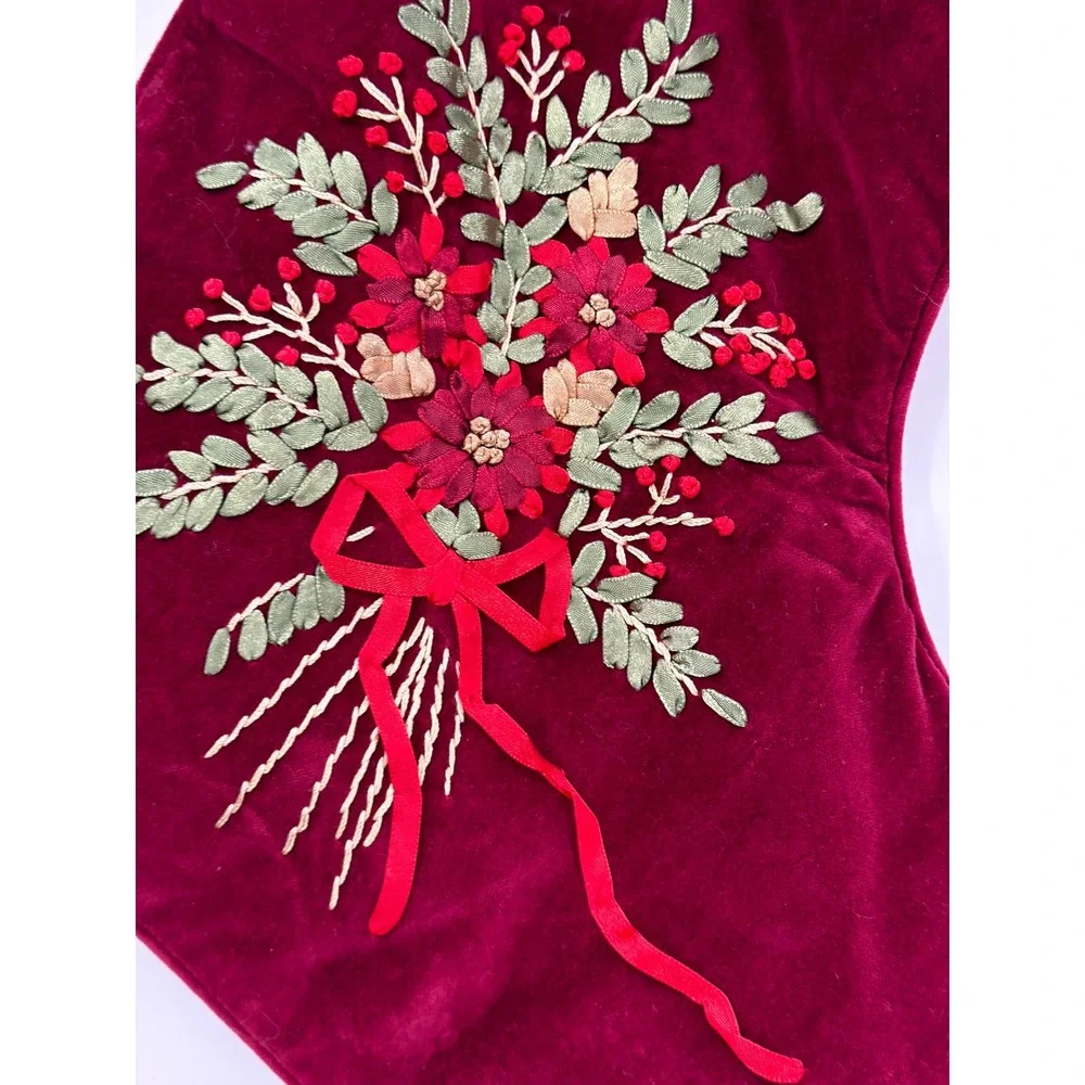 Vtg Burgundy Velvet Christmas Stocking Ribbon Embroidery Floral Red Green